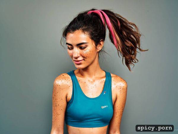 Upper body of a dirty armpits super skinny sweaty 18 years old sweat dripping brunette tenniswoman with freckles in a blue and pink damped tank top - spicy.porn on pornintellect.com