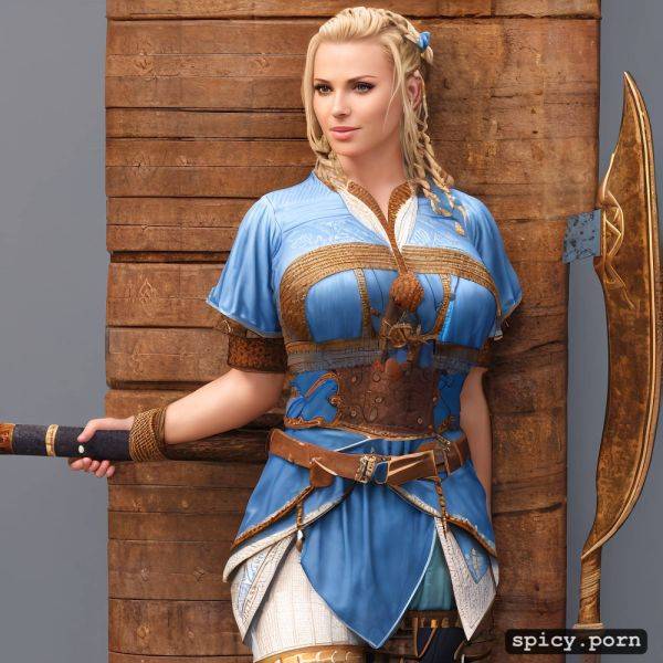 A blonde viking mule with big breasts and braided hair sitting in front of a hut with a sensual light blue outfit on her left side leaning against the wall a war ax and on her right side leaning against the wall a shield and sword - spicy.porn on pornintellect.com