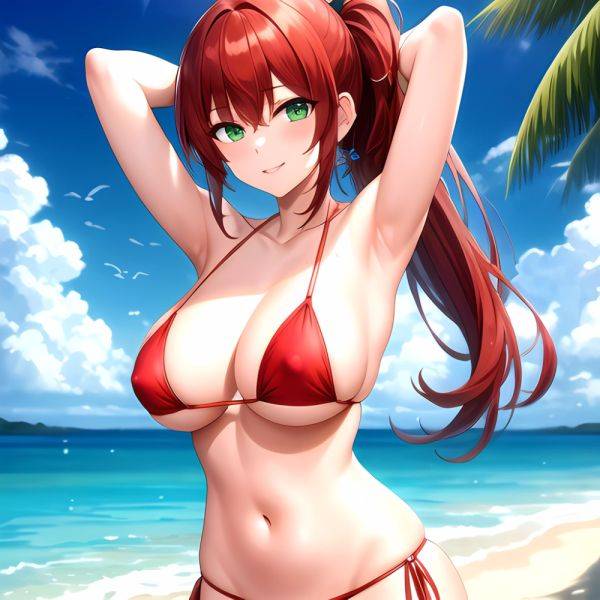 1girl Armpits Arms Behind Head Bikini Breasts Closed Mouth Collarbone Covered Nipples Day Green Eyes Highres Jung Freud Large Br, 940181566 - AIHentai - aihentai.co on pornintellect.com