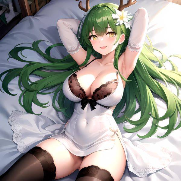 1girl Alternate Costume Antlers Armpits Arms Behind Head Bed Sheet Black Bra Black Thighhighs Bra Branch Breasts Ceres Fauna Cle, 3207776865 - AIHentai - aihentai.co on pornintellect.com