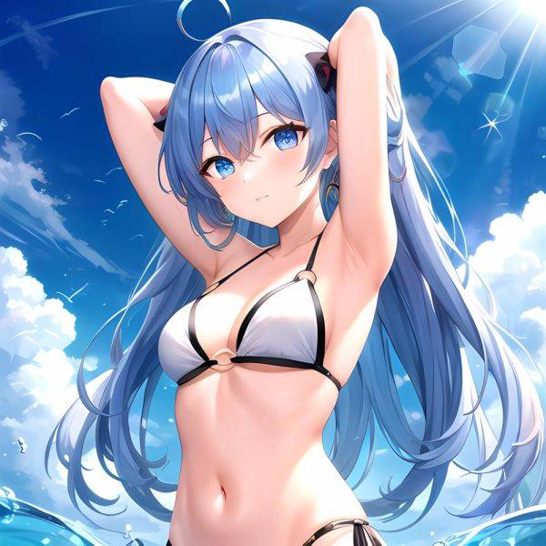 1girl Absurdres Arms Behind Head Bikini Blue Eyes Blue Hair Breasts Closed Mouth Hair Between Eyes Highres Hololive Hoshimachi S, 3300722166 - AIHentai - aihentai.co on pornintellect.com
