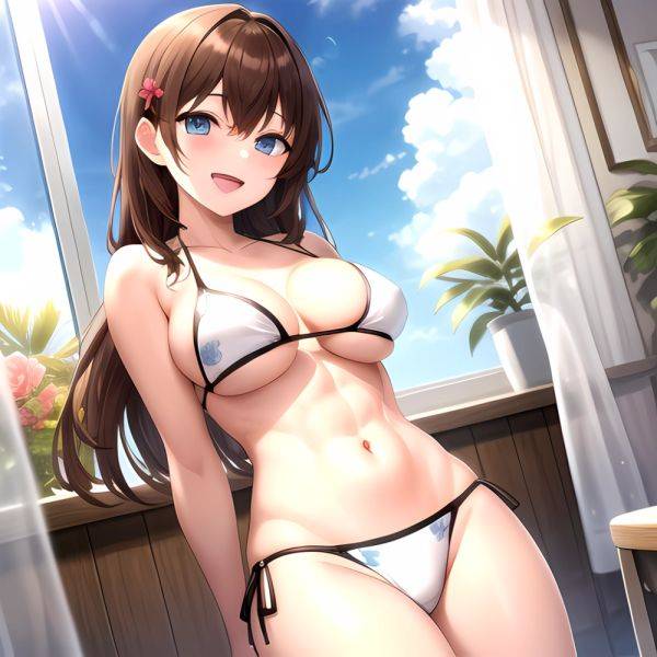 1girl D Abs Alternate Costume Arms Behind Back Asymmetrical Hair Bikini Blue Eyes Blush Breasts Brown Hair Cleavage Collarbone F, 593932791 - AIHentai - aihentai.co on pornintellect.com