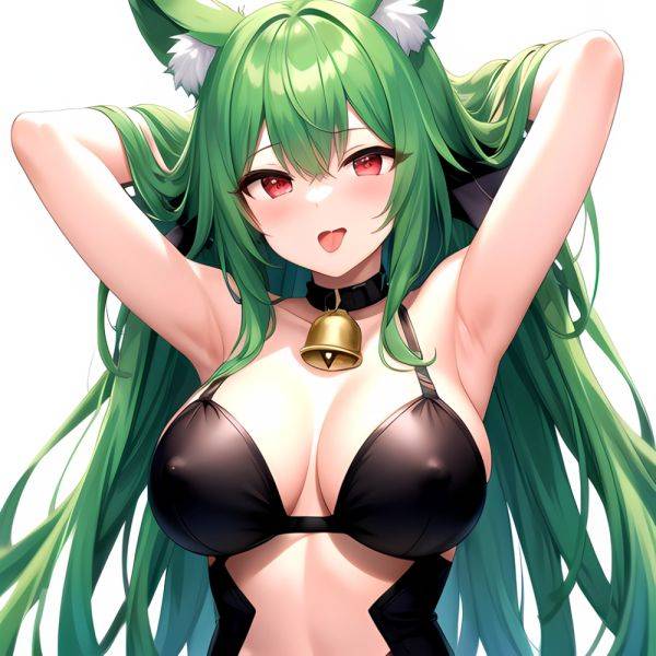 1girl Animal Ear Fluff Animal Ears Armpits Arms Behind Head Banshee Last Origin Bell Blush Breasts Chamame Green Hair Highres, 818843844 - AIHentai - aihentai.co on pornintellect.com