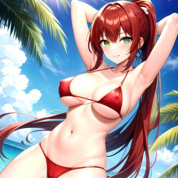 1girl Armpits Arms Behind Head Bikini Breasts Closed Mouth Collarbone Covered Nipples Day Green Eyes Highres Jung Freud Large Br, 827051641 - AIHentai - aihentai.co on pornintellect.com
