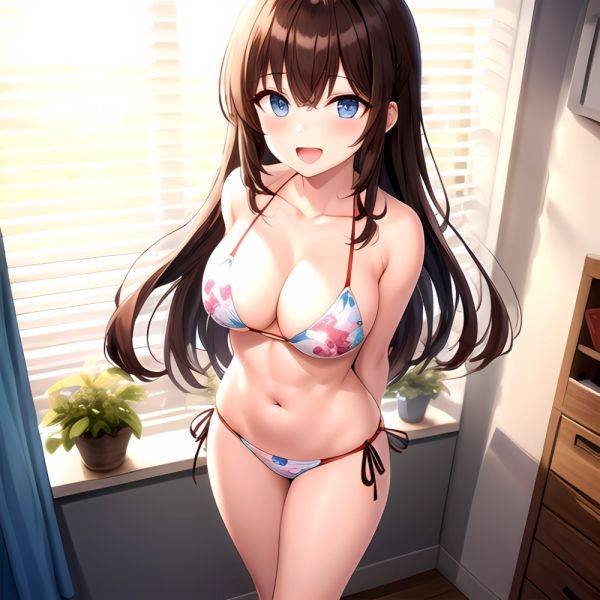 1girl D Abs Alternate Costume Arms Behind Back Asymmetrical Hair Bikini Blue Eyes Blush Breasts Brown Hair Cleavage Collarbone F, 2107516740 - AIHentai - aihentai.co on pornintellect.com