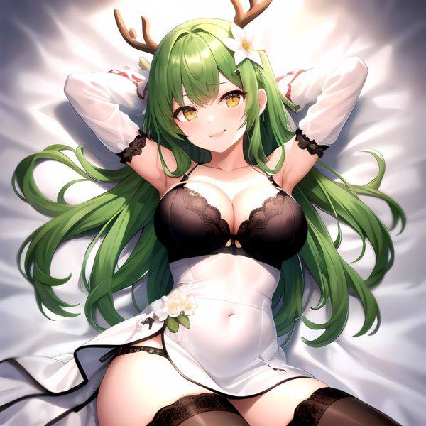 1girl Alternate Costume Antlers Armpits Arms Behind Head Bed Sheet Black Bra Black Thighhighs Bra Branch Breasts Ceres Fauna Cle, 4015511830 - AIHentai - aihentai.co on pornintellect.com