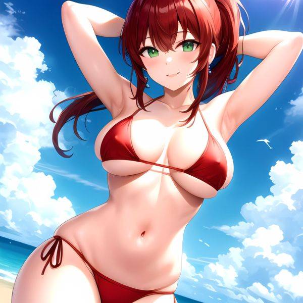 1girl Armpits Arms Behind Head Bikini Breasts Closed Mouth Collarbone Covered Nipples Day Green Eyes Highres Jung Freud Large Br, 2491946732 - AIHentai - aihentai.co on pornintellect.com