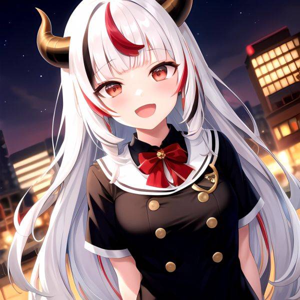 1girl Hololive Horns Long Hair Multicolored Hair Nakiri Ayame Open Mouth Smile Solo Streaked Hair Tonton Utaro White Hair Arms, 4081408745 - AIHentai - aihentai.co on pornintellect.com