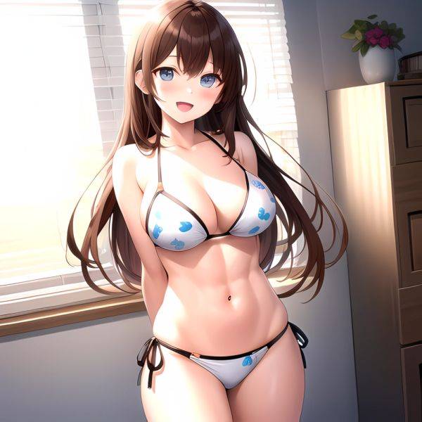 1girl D Abs Alternate Costume Arms Behind Back Asymmetrical Hair Bikini Blue Eyes Blush Breasts Brown Hair Cleavage Collarbone F, 2212709939 - AIHentai - aihentai.co on pornintellect.com