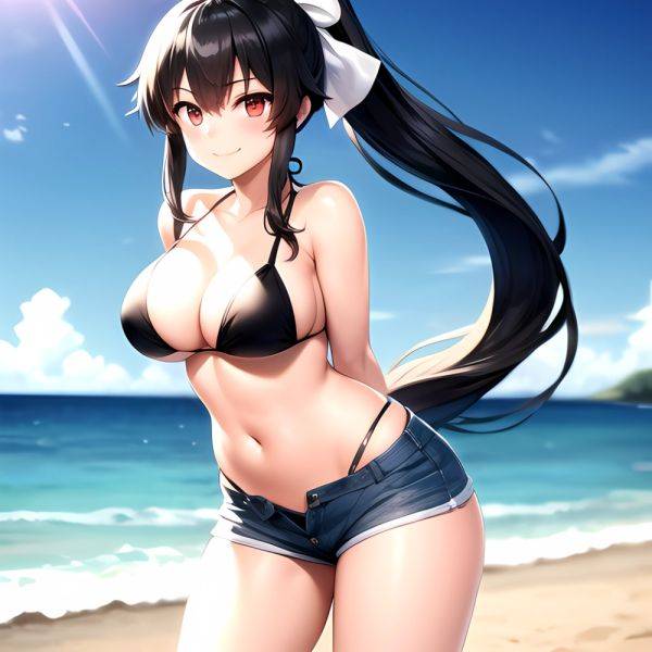 1girl Arms Behind Back Beach Bikini Bikini Under Shorts Black Bikini Black Hair Blurry Blurry Background Breasts Cleavage Closed, 1023024999 - AIHentai - aihentai.co on pornintellect.com