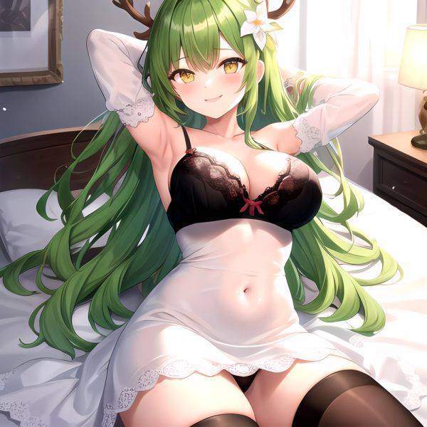 1girl Alternate Costume Antlers Armpits Arms Behind Head Bed Sheet Black Bra Black Thighhighs Bra Branch Breasts Ceres Fauna Cle, 2318464231 - AIHentai - aihentai.co on pornintellect.com