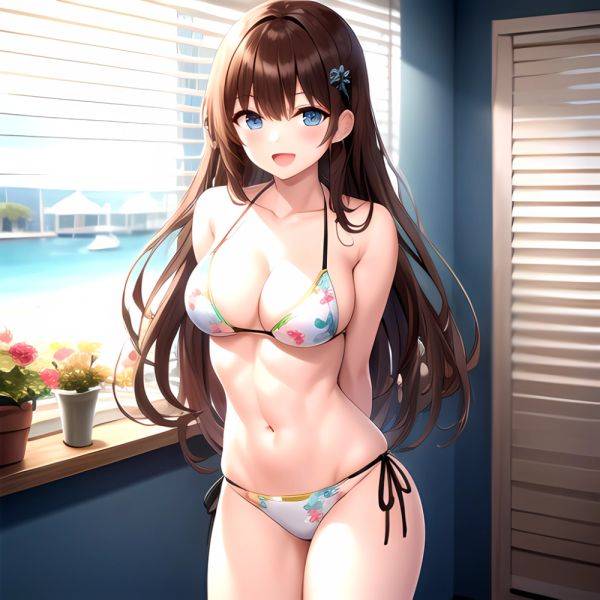 1girl D Abs Alternate Costume Arms Behind Back Asymmetrical Hair Bikini Blue Eyes Blush Breasts Brown Hair Cleavage Collarbone F, 2911929649 - AIHentai - aihentai.co on pornintellect.com