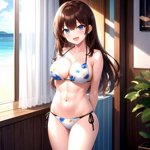 1girl D Abs Alternate Costume Arms Behind Back Asymmetrical Hair Bikini Blue Eyes Blush Breasts Brown Hair Cleavage Collarbone F, 2736961154 - AIHentai - aihentai.co on pornintellect.com