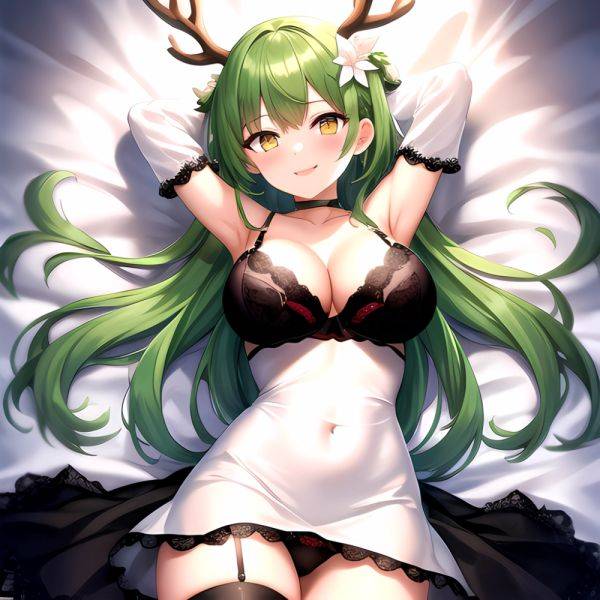 1girl Alternate Costume Antlers Armpits Arms Behind Head Bed Sheet Black Bra Black Thighhighs Bra Branch Breasts Ceres Fauna Cle, 1432776529 - AIHentai - aihentai.co on pornintellect.com
