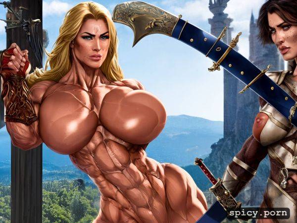 Cry, strength effort, realistic, scar, war, furious, nude muscle woman protecting a little princess - spicy.porn on pornintellect.com