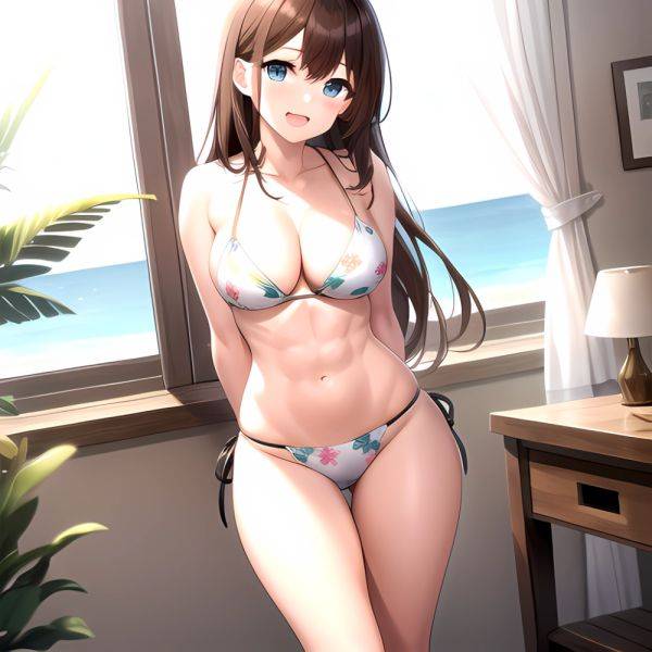 1girl D Abs Alternate Costume Arms Behind Back Asymmetrical Hair Bikini Blue Eyes Blush Breasts Brown Hair Cleavage Collarbone F, 713357180 - AIHentai - aihentai.co on pornintellect.com