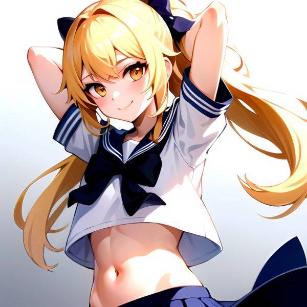 1girl Arms Up Arms Behind Head Blonde Hair Blue Skirt Bow Crop Top Crop Top Overhang Genshin Impact Gradient Background, 633940501 - AIHentai - aihentai.co on pornintellect.com