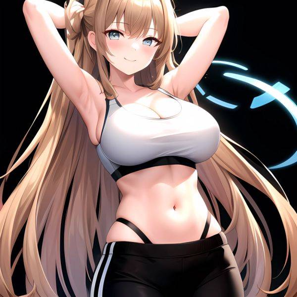 1girl Absurdres Armpits Arms Behind Head Asuna Blue Archive Black Pants Blue Archive Blush Breasts Cleavage Halo Highres Huge Br, 547840085 - AIHentai - aihentai.co on pornintellect.com