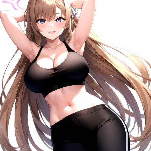 1girl Absurdres Armpits Arms Up Asuna Blue Archive Black Pants Blue Archive Blush Breasts Cleavage Halo Hands In Hair Highres, 1789501190 - AIHentai - aihentai.co on pornintellect.com