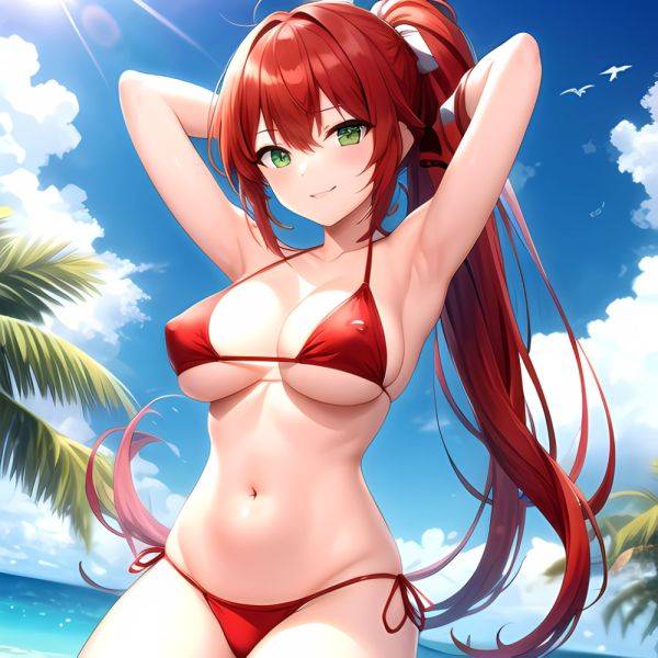 1girl Armpits Arms Behind Head Arms Up Bikini Breasts Closed Mouth Collarbone Covered Nipples Day Green Eyes Highres Jung Freud, 377007152 - AIHentai - aihentai.co on pornintellect.com
