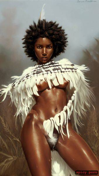 White feather poncho, oil painting, facing the viewer, hairy pussy with short hair - spicy.porn on pornintellect.com