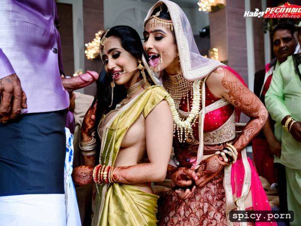 Wedding sex, the standing beautiful indian bride cue faces in public takes a huge black dick in the mouth and giving blowjob to the man get covered by cum all over his bridal dress and other people cheer the bride realistic photo and real human - spicy.porn - India on pornintellect.com