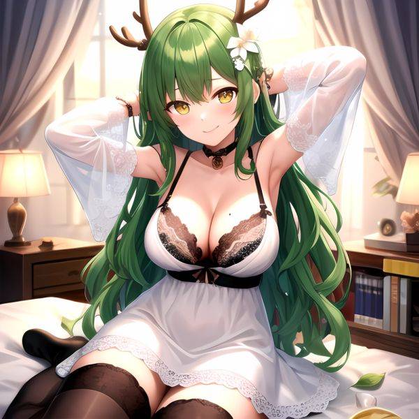 1girl Alternate Costume Antlers Armpits Arms Behind Head Bed Sheet Black Bra Black Thighhighs Bra Branch Breasts Ceres Fauna Cle, 1216472725 - AIHentai - aihentai.co on pornintellect.com