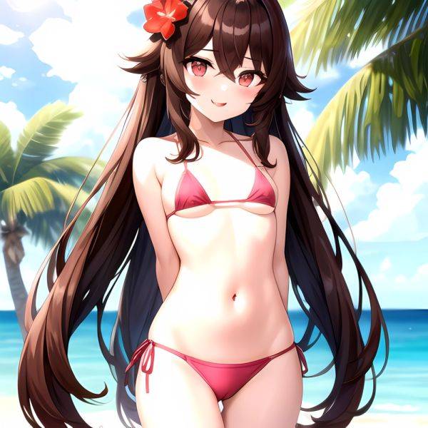 1girl Q Absurdres Arms Behind Back Bikini Blush Breasts Brown Hair Cameltoe Cleft Of Venus Covered Nipples Cowboy Shot Flower, 311489809 - AIHentai - aihentai.co on pornintellect.com