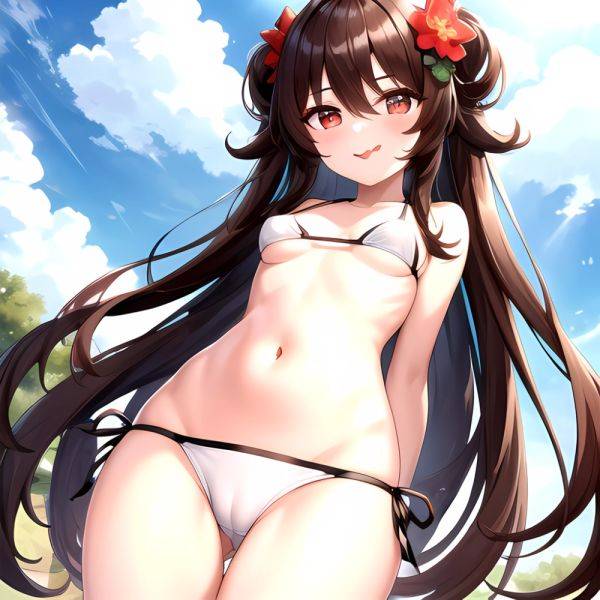1girl Q Absurdres Arms Behind Back Bikini Blush Breasts Brown Hair Cameltoe Cleft Of Venus Covered Nipples Cowboy Shot Flower, 188507113 - AIHentai - aihentai.co on pornintellect.com