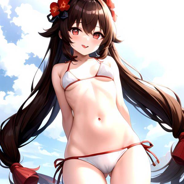 1girl Q Absurdres Arms Behind Back Bikini Blush Breasts Brown Hair Cameltoe Cleft Of Venus Covered Nipples Cowboy Shot Flower, 358974937 - AIHentai - aihentai.co on pornintellect.com