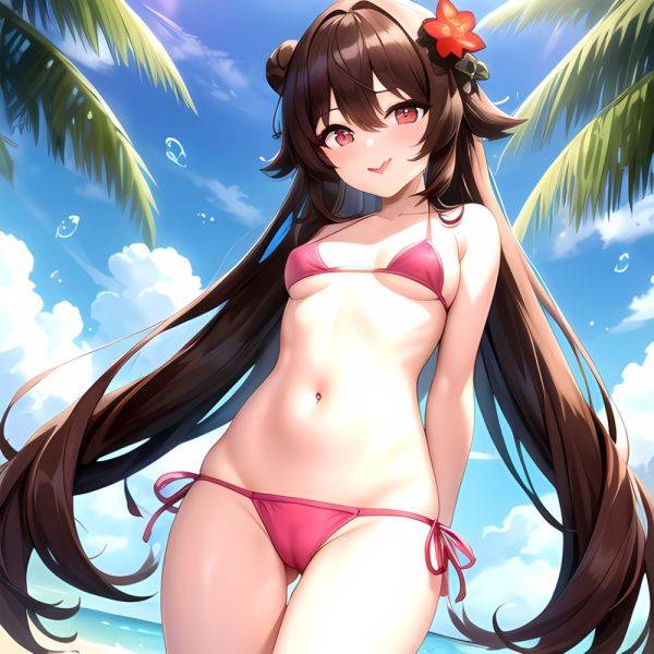 1girl Q Absurdres Arms Behind Back Bikini Blush Breasts Brown Hair Cameltoe Cleft Of Venus Covered Nipples Cowboy Shot Flower, 309601915 - AIHentai - aihentai.co on pornintellect.com