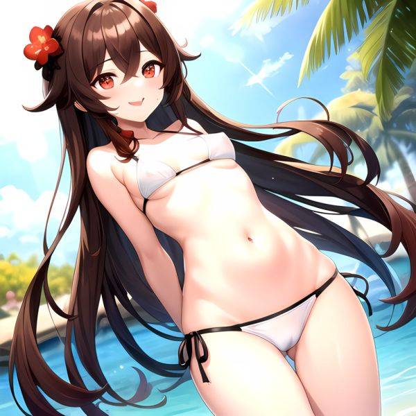 1girl Q Absurdres Arms Behind Back Bikini Blush Breasts Brown Hair Cameltoe Cleft Of Venus Covered Nipples Cowboy Shot Flower, 2043978313 - AIHentai - aihentai.co on pornintellect.com