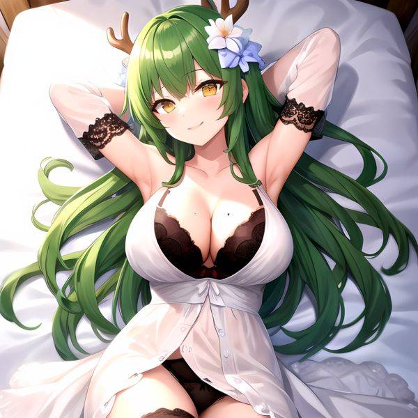1girl Alternate Costume Antlers Armpits Arms Behind Head Bed Sheet Black Bra Black Thighhighs Bra Branch Breasts Ceres Fauna Cle, 2779421805 - AIHentai - aihentai.co on pornintellect.com