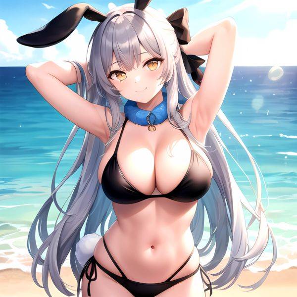 1girl Animal Ears Arms Behind Head Armpits Bare Shoulders Bikini Black Bikini Blue Bow Bow Breasts Cleavage Closed Mouth Cowboy, 1291715094 - AIHentai - aihentai.co on pornintellect.com