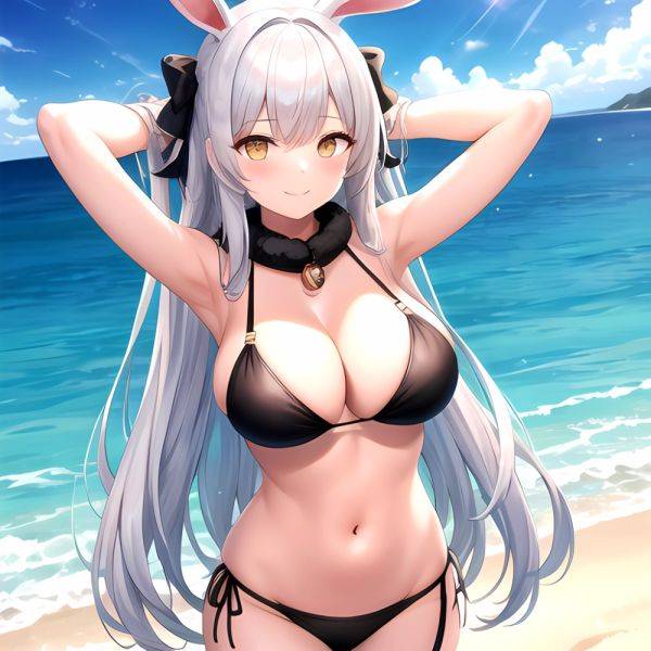 1girl Animal Ears Arms Behind Head Armpits Bare Shoulders Bikini Black Bikini Blue Bow Bow Breasts Cleavage Closed Mouth Cowboy, 1567263971 - AIHentai - aihentai.co on pornintellect.com