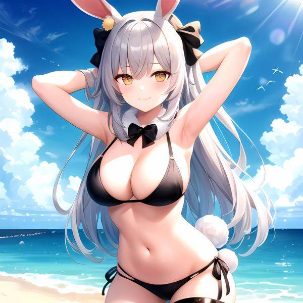 1girl Animal Ears Arms Behind Head Armpits Bare Shoulders Bikini Black Bikini Blue Bow Bow Breasts Cleavage Closed Mouth Cowboy, 3527032784 - AIHentai - aihentai.co on pornintellect.com