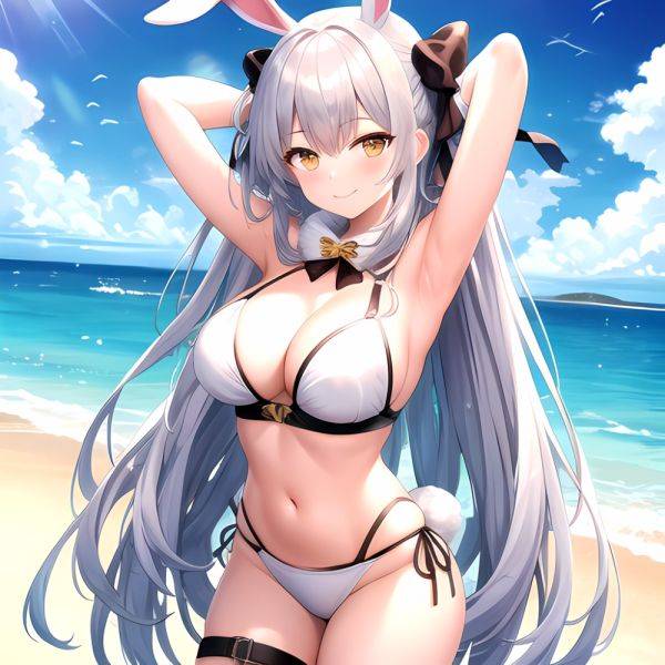 1girl Animal Ears Arms Behind Head Armpits Bare Shoulders Bikini White Bikini Blue Bow Bow Breasts Cleavage Closed Mouth Cowboy, 70499474 - AIHentai - aihentai.co on pornintellect.com