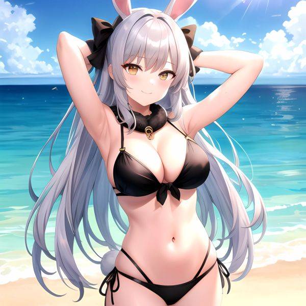 1girl Animal Ears Arms Behind Head Armpits Bare Shoulders Bikini Black Bikini Blue Bow Bow Breasts Cleavage Closed Mouth Cowboy, 3490119145 - AIHentai - aihentai.co on pornintellect.com