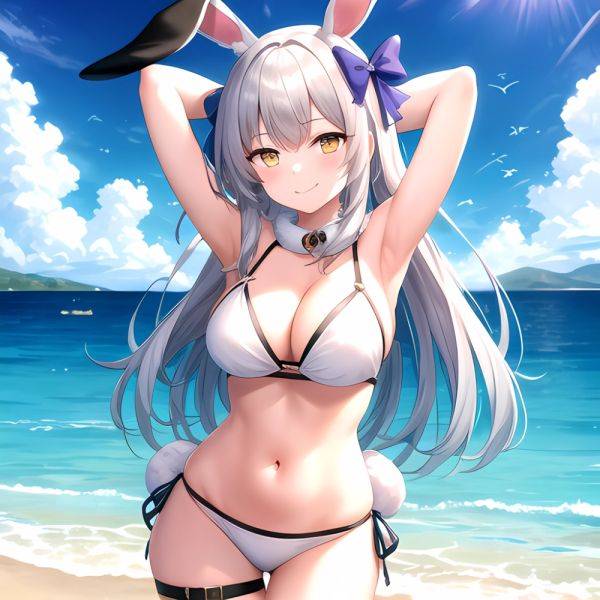 1girl Animal Ears Arms Behind Head Armpits Bare Shoulders Bikini White Bikini Blue Bow Bow Breasts Cleavage Closed Mouth Cowboy, 455854478 - AIHentai - aihentai.co on pornintellect.com