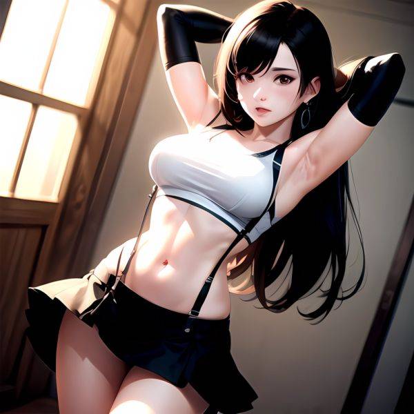 1girl Armpits Arms Behind Head Arms Up Bare Shoulders Black Gloves Black Hair Black Skirt Breasts Closed Mouth Crop Top, 291978151 - AIHentai - aihentai.co on pornintellect.com