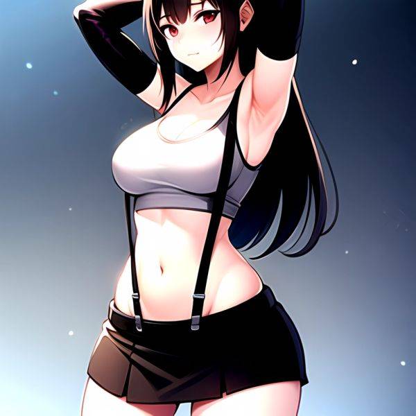 1girl Armpits Arms Behind Head Arms Up Bare Shoulders Black Gloves Black Hair Black Skirt Breasts Closed Mouth Crop Top, 1324299327 - AIHentai - aihentai.co on pornintellect.com