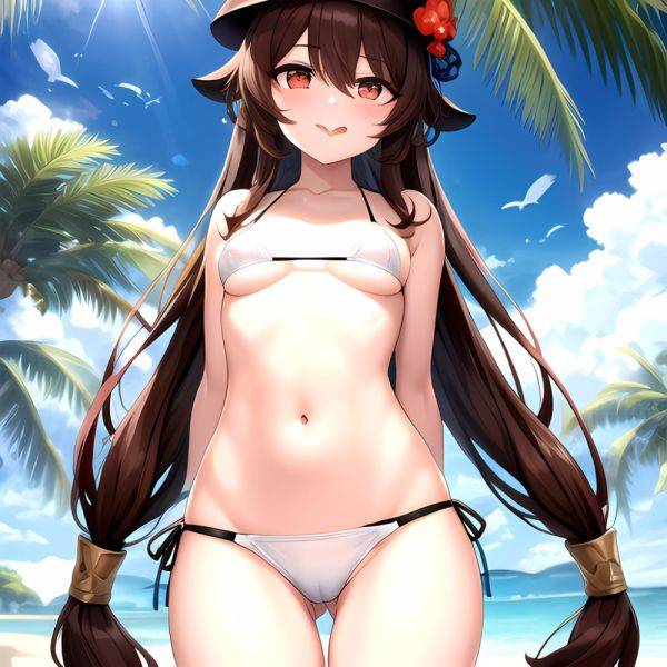 1girl Q Absurdres Arms Behind Back Bikini Blush Breasts Brown Hair Cameltoe Cleft Of Venus Covered Nipples Cowboy Shot Flower, 2001561101 - AIHentai - aihentai.co on pornintellect.com