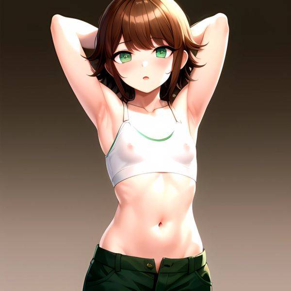 1boy Armpits Arms Behind Head Blush Breasts Brown Hair Bulge Collarbone Contrapposto Covered Nipples Crop Top Danganronpa Trigge, 570226223 - AIHentai - aihentai.co on pornintellect.com