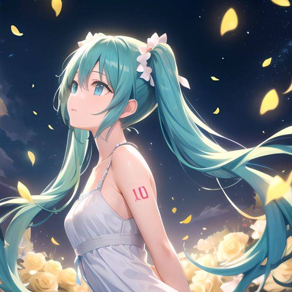 Face Focus Masterpiece Best Quality 1girl Hatsune Miku White Roses Petals Night Background Fireflies Light Particle Solo Aqua Ha, 290425000 - AIHentai - aihentai.co on pornintellect.com