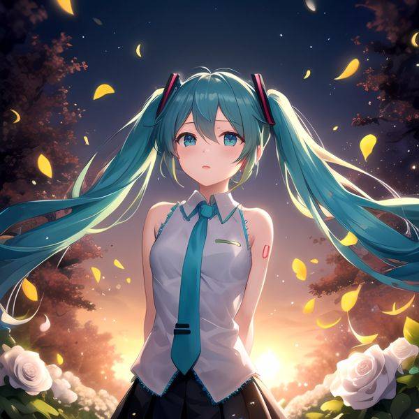 Face Focus Masterpiece Best Quality 1girl Hatsune Miku White Roses Petals Night Background Fireflies Light Particle Solo Aqua Ha, 1115227028 - AIHentai - aihentai.co on pornintellect.com