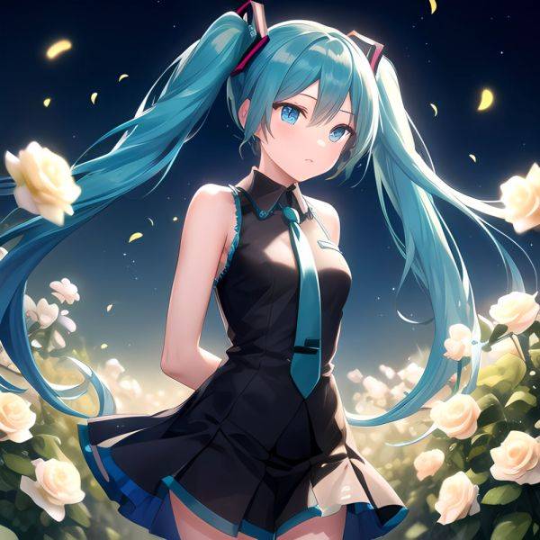 Face Focus Masterpiece Best Quality 1girl Hatsune Miku White Roses Petals Night Background Fireflies Light Particle Solo Aqua Ha, 2700971911 - AIHentai - aihentai.co on pornintellect.com