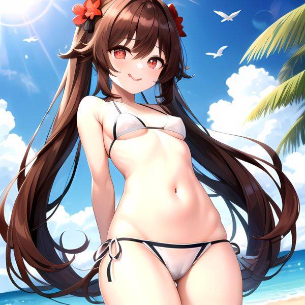 1girl Q Absurdres Arms Behind Back Bikini Blush Breasts Brown Hair Cameltoe Cleft Of Venus Covered Nipples Cowboy Shot Flower, 2784127924 - AIHentai - aihentai.co on pornintellect.com
