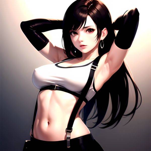 1girl Armpits Arms Behind Head Arms Up Bare Shoulders Black Gloves Black Hair Black Skirt Breasts Closed Mouth Crop Top, 2605495991 - AIHentai - aihentai.co on pornintellect.com