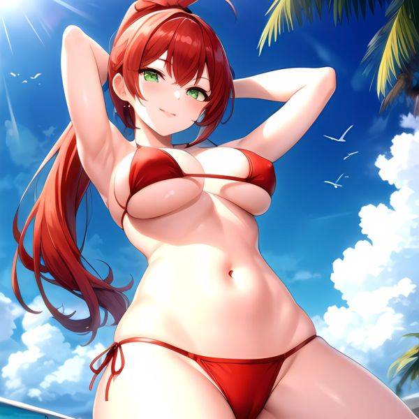 1girl Armpits Arms Behind Head Arms Up Bikini Breasts Closed Mouth Collarbone Covered Nipples Day Green Eyes Highres Jung Freud, 3223171964 - AIHentai - aihentai.co on pornintellect.com