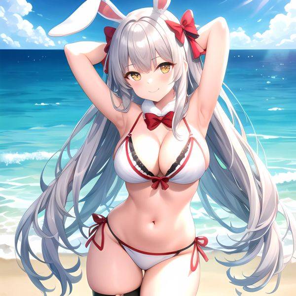 1girl Animal Ears Arms Behind Head Armpits Bare Shoulders Bikini White Bikini Blue Bow Bow Breasts Cleavage Closed Mouth Cowboy, 2607771988 - AIHentai - aihentai.co on pornintellect.com